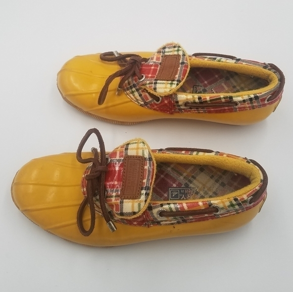 Sperry Lined Yellow Plaid Duck Boots 6 Women - Picture 3 of 8